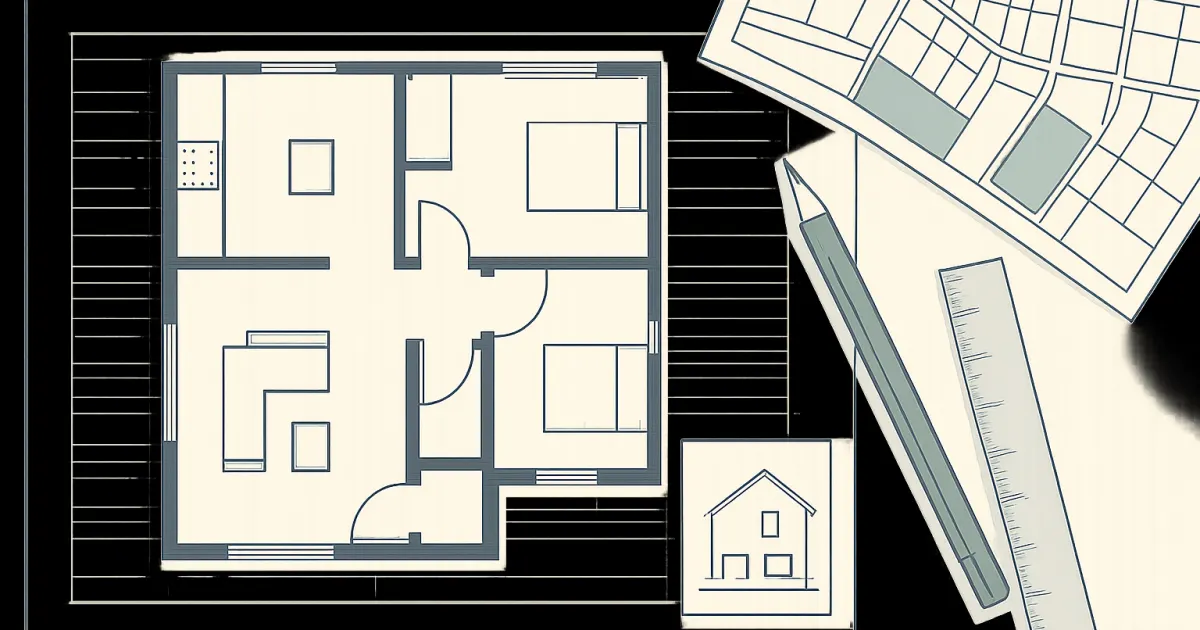 Line-art floor plan and elevation sketches with ruler and zoning map, minimalist architectural illustration